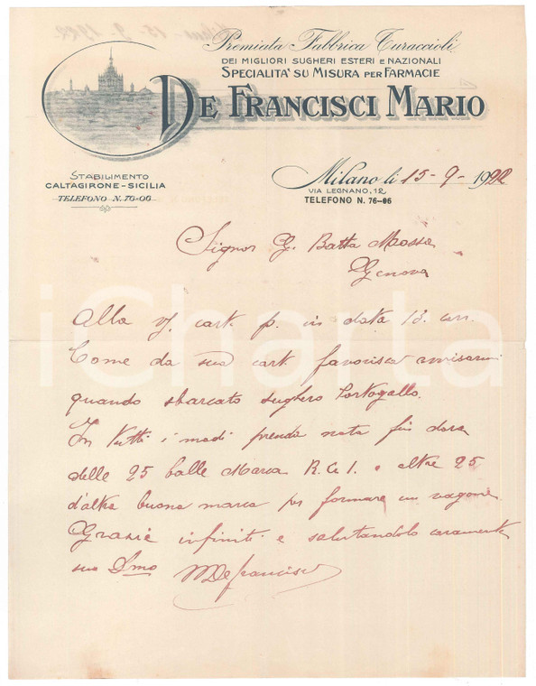 1922 MILANO via Legnano 12 - Mario DE FRANCISCI - Fabbrica turaccioli - Lettera