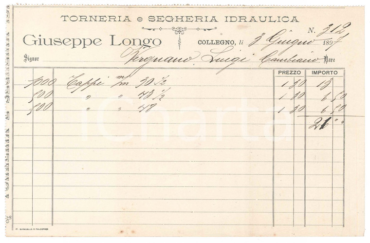 1897 COLLEGNO (TO) Giuseppe LONGO - Torneria e segheria idraulica *Fattura