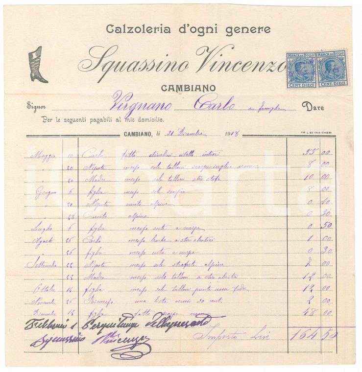 1918 CAMBIANO (TO) Vincenzo SQUASSINO - Calzoleria - Fattura intestata