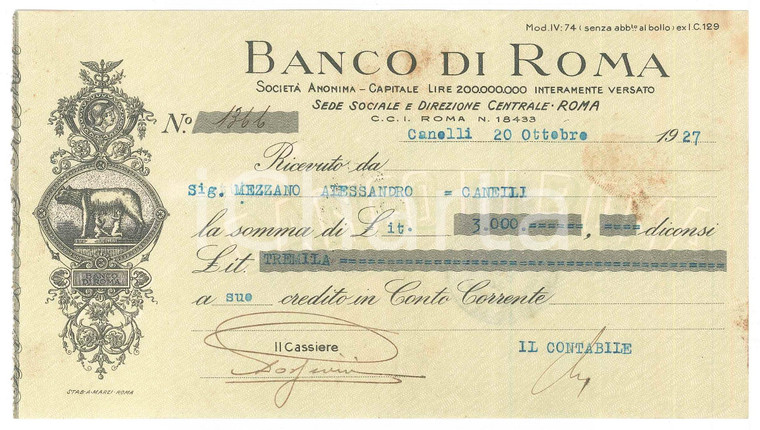 1927 CANELLI (AT) - BANCO DI ROMA - Ricevuta pubblicitaria