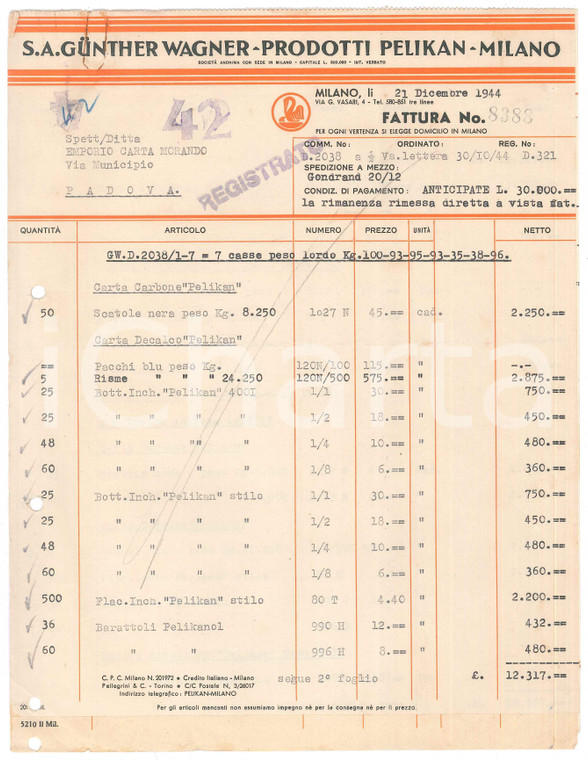 1944 MILANO via Vasari - S.A. GUNTHER WAGNER - Prodotti PELIKAN - Fattura