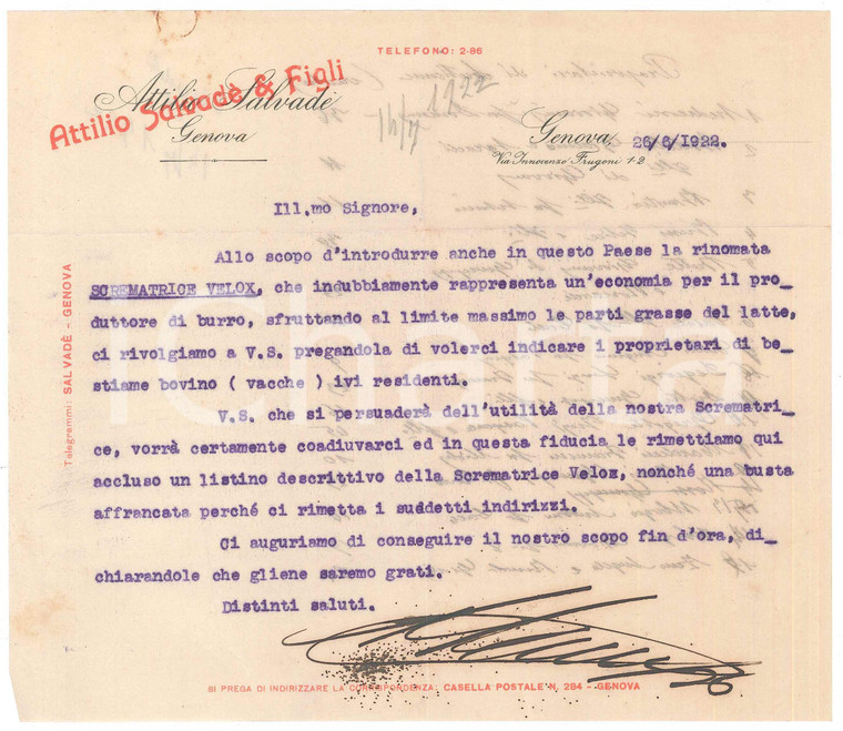 1922 GENOVA Attilio SALVADE' & Figli - Scrematrice VELOX *Lettera commerciale