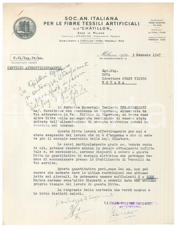 1947 MILANO Soc. Fibre Tessili Artificiali priva di energia elettrica *Lettera