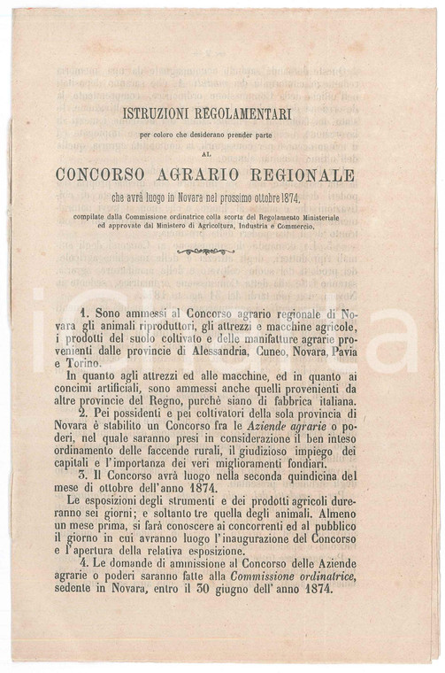 1874 NOVARA Concorso agrario regionale - Istruzione regolamentari 14x22 cm