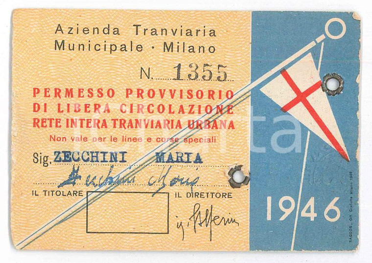 1946 ATM MILANO Permesso provvisorio di libera circolazione *Con foto