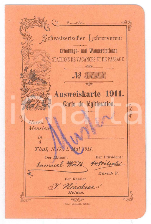 1911 THAL - Schweizerischer Lehrerverein - Ausweikarte / Carte de légitimation