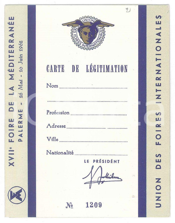 1962 PALERMO XVIIe Foire de la Méditerranée - Carte de légitimation