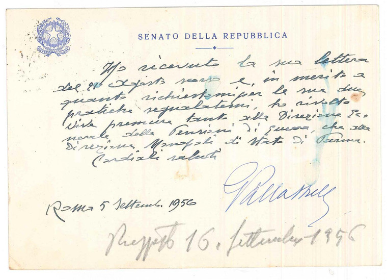 1956 ROMA Senatore Giovanni PALLASTRELLI pro pensione ^Biglietto AUTOGRAFO