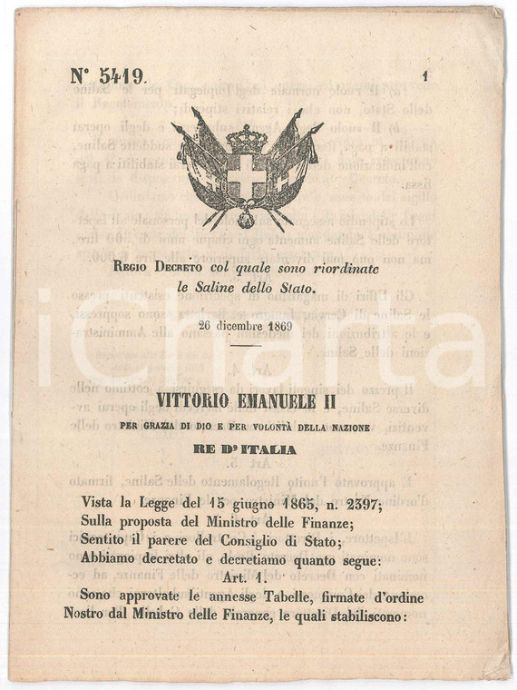 1869 REGNO D'ITALIA Regio Decreto per riordinare le Saline dello Stato