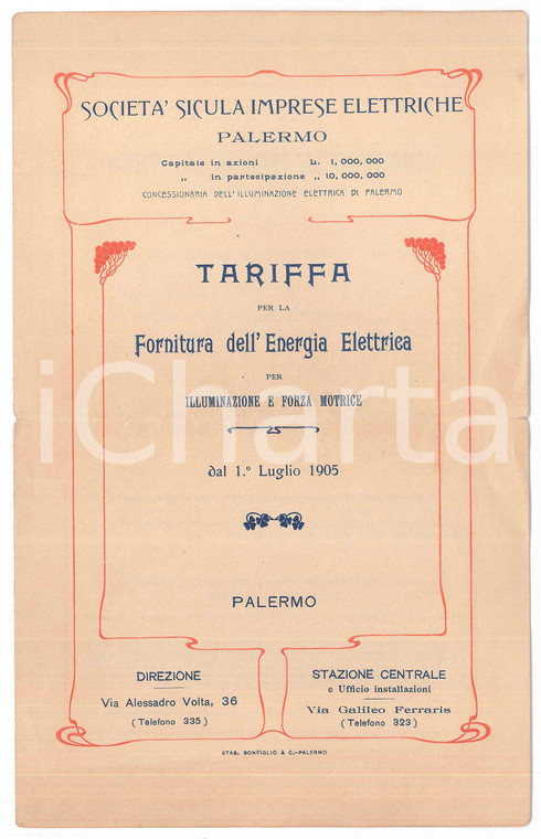 1905 PALERMO Società Sicula Imprese Elettriche - Tariffa fornitura energia