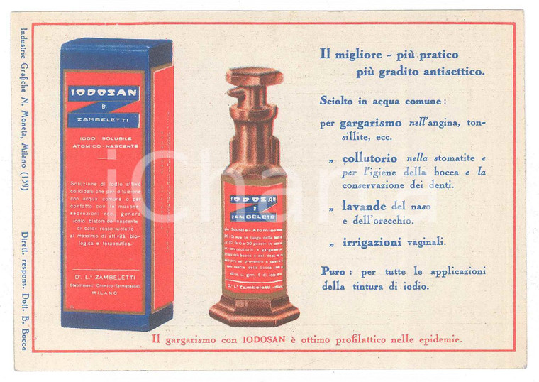 1933 MILANO FARMACEUTICA ZAMBELETTI Cartoncino pubblicitario IODOSAN PANOVOIDINA