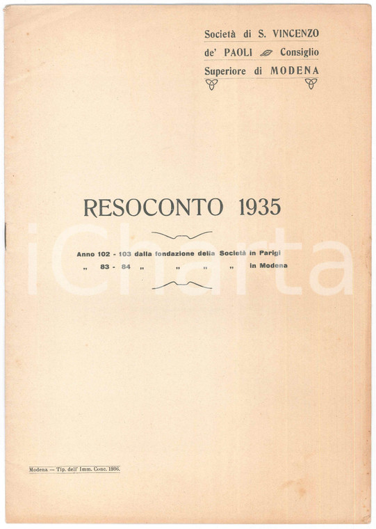 1936 MODENA Società S. VINCENZO DE' PAOLI Consiglio Superiore - Resoconto 1935