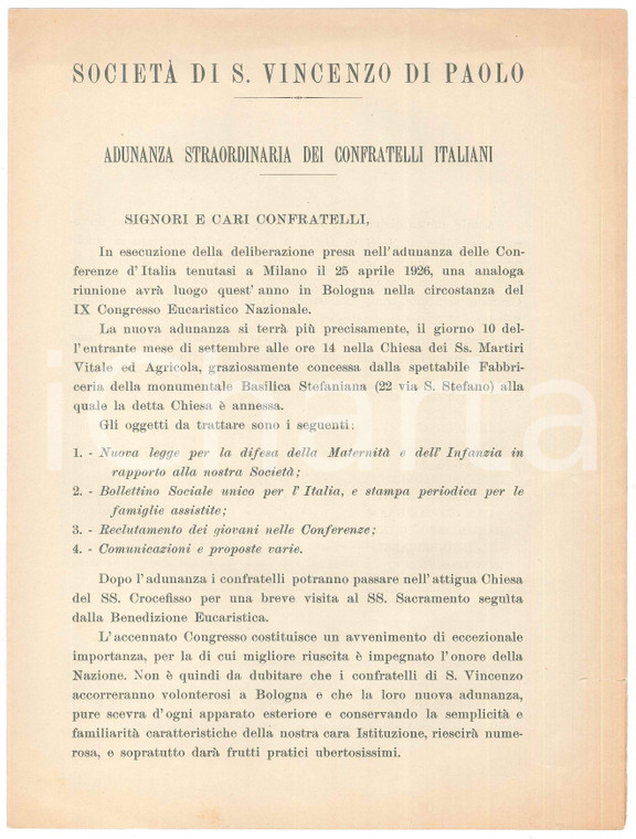 1927 Società S. VINCENZO DE' PAOLI Adunanza straordinaria confratelli italiani