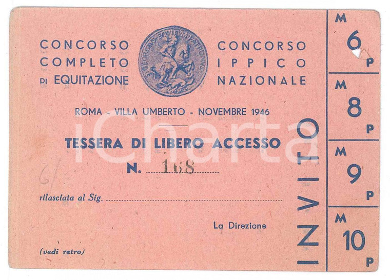 1946 ROMA Villa Umberto - Concorso Ippico - Tessera di libero accesso