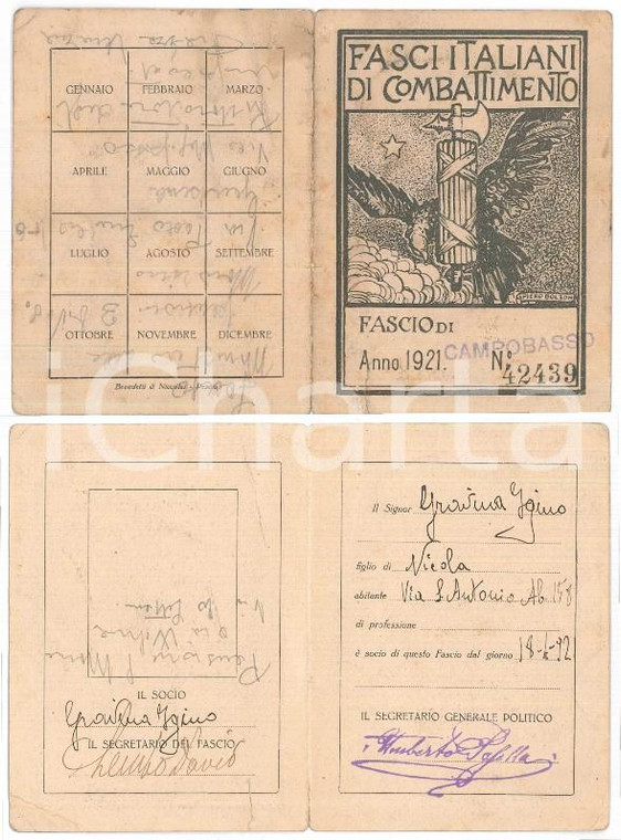 1921 PNF CAMPOBASSO - Tessera socio Igino GRAVINA