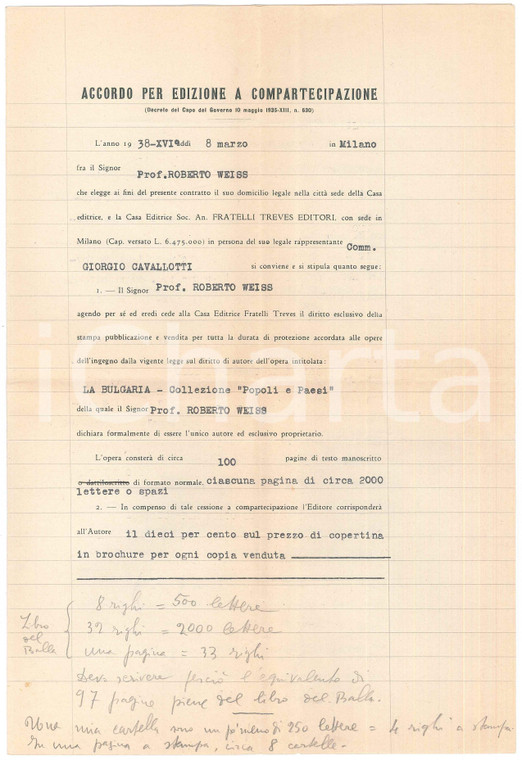 1938 MILANO Fratelli Treves - Contratto a Roberto WEISS per libro sulla Bulgaria