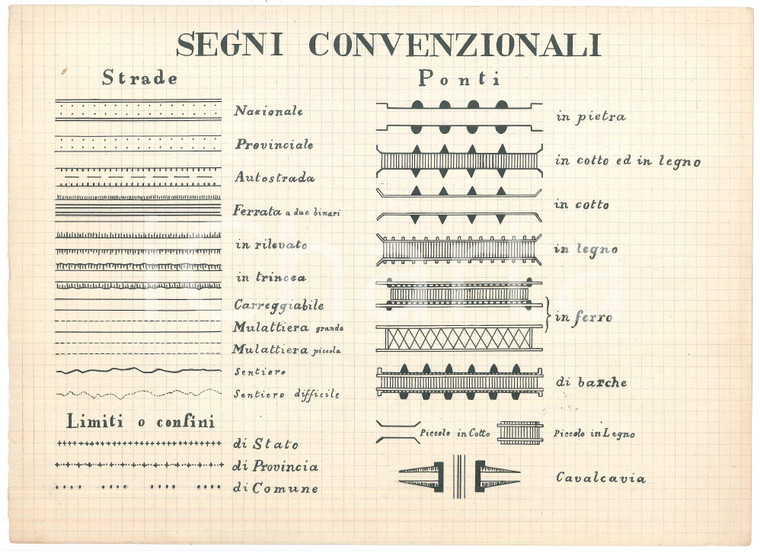 1950 ca TOPOGRAFIA Segni convenzionali - Strade, ponti, limiti o confini - 32x24