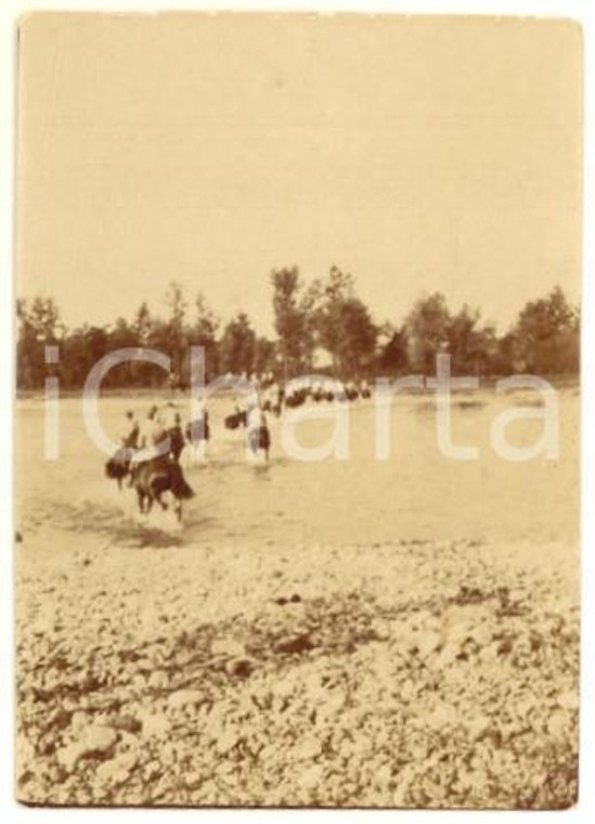 1918 WW1 ZONA DI GUERRA Ufficiali italiani a cavallo al guado *Foto 4x6 cm