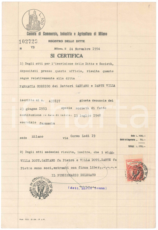 1954 MILANO Camera di Commercio - Iscrizione ditta Farmacia CORSICO