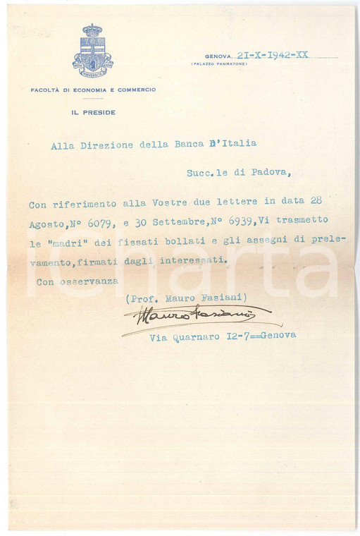 1942 Università di GENOVA Lettera prof. Mauro FASIANI - Preside *AUTOGRAFO