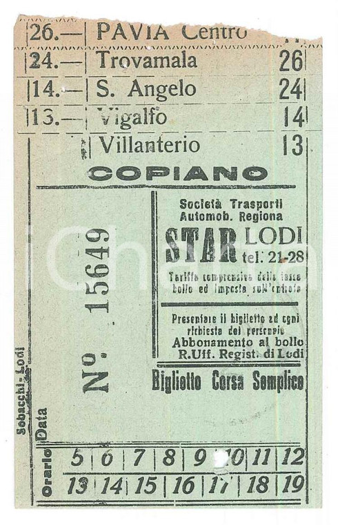 1950 ca LODI Società trasporti STAV Biglietto tratta PAVIA CENTRO - COPIANO