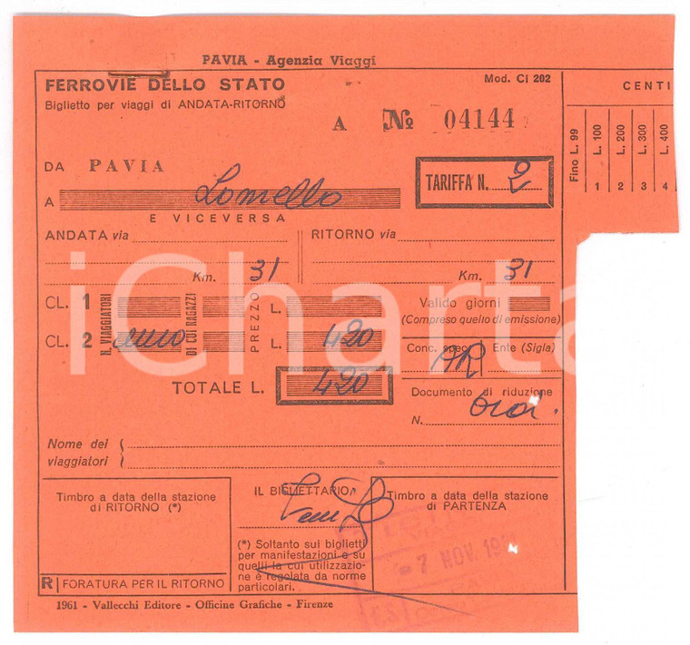 1961 FERROVIE DELLO STATO Biglietto Pavia-Lomello - Andata e ritorno