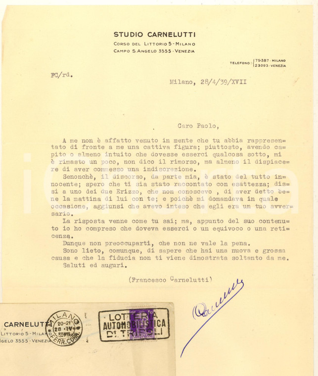 1939 MILANO Lettera Francesco CARNELUTTI a un collega giurista *Autografo