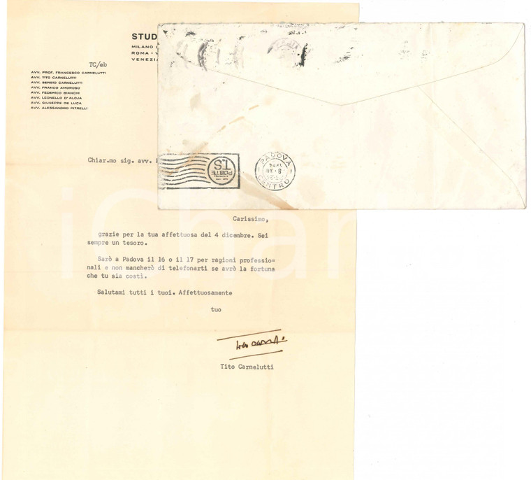 1954 MILANO Lettera Tito CARNELUTTI a un collega avvocato *Autografo