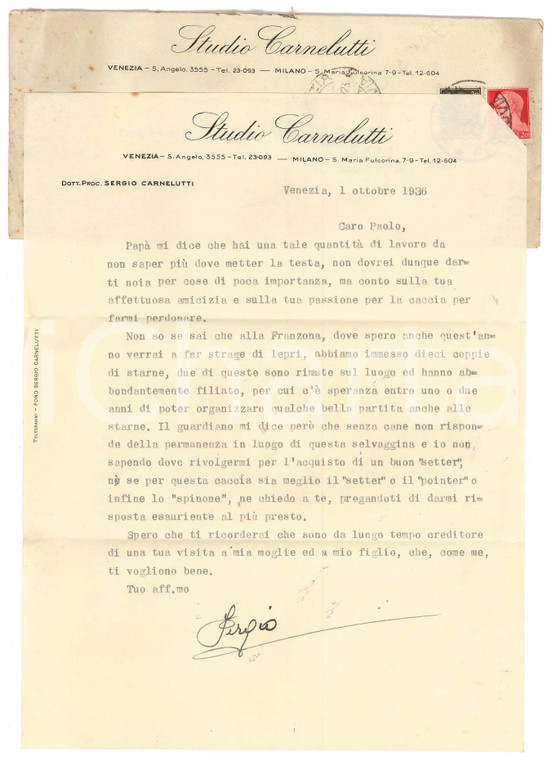 1936 VENEZIA Lettera Sergio CARNELUTTI - Invito a un collega *Autografo