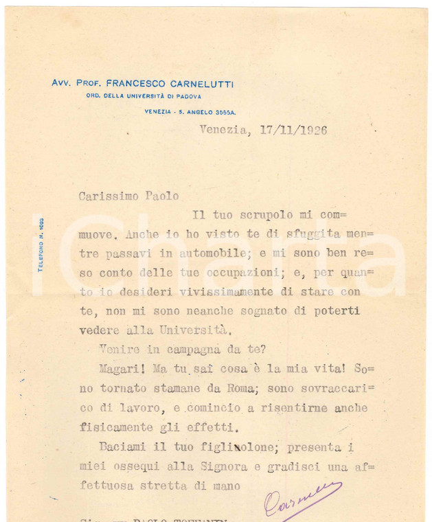 1926 VENEZIA S. Angelo - Francesco CARNELUTTI sovraccarico di lavoro *Autografo