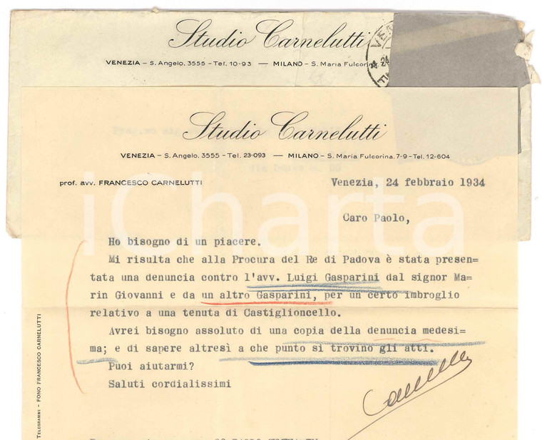 1934 VENEZIA S. Angelo - Lettera Francesco CARNELUTTI per cliente ^Autografo