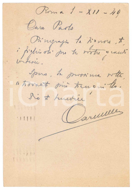 1949 ROMA Cartolina Francesco CARNELUTTI per ringraziamento - AUTOGRAFO