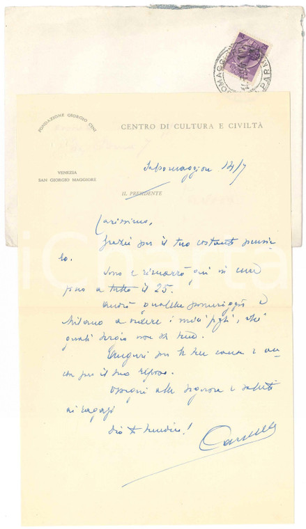 1960 SALSOMAGGIORE Lettera Francesco CARNELUTTI per ringraziamento *AUTOGRAFO