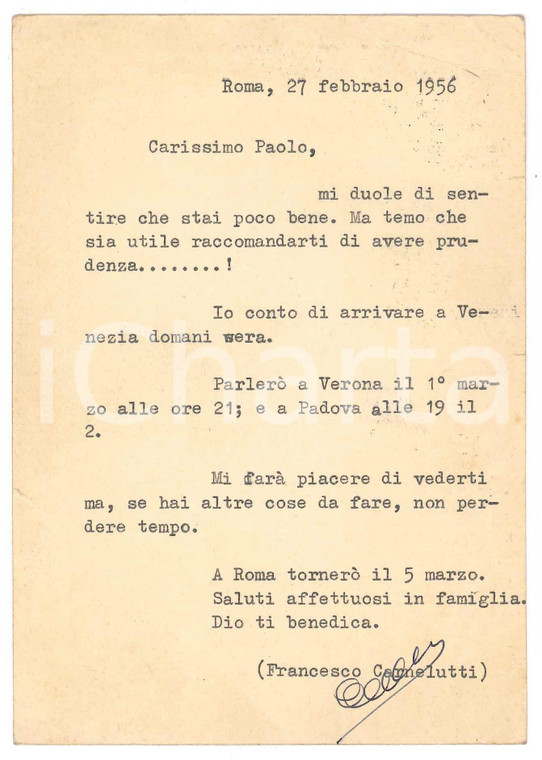 1956 ROMA Cartolina Francesco CARNELUTTI in arrivo a Venezia *Autografo