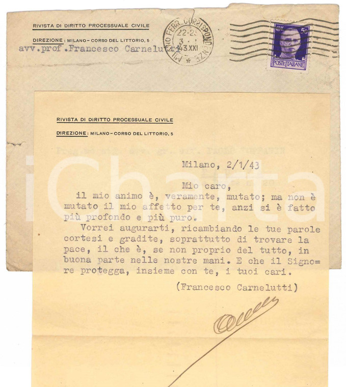 1943 MILANO Lettera Francesco CARNELUTTI a un amico - AUTOGRAFO