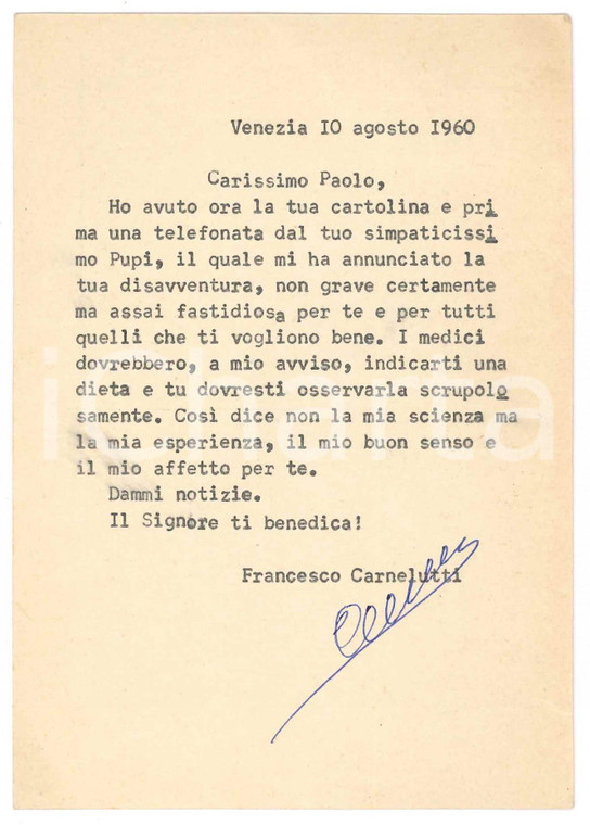1960 VENEZIA Cartolina Francesco CARNELUTTI a un amico *Autografo