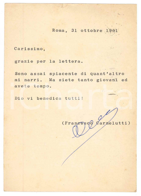 1961 ROMA Cartolina Francesco CARNELUTTI a un giovane amico *Autografo