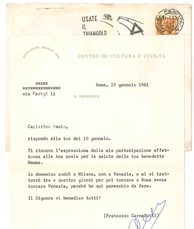 1961 ROMA Lettera Francesco CARNELUTTI in viaggio per Milano *AUTOGRAFO