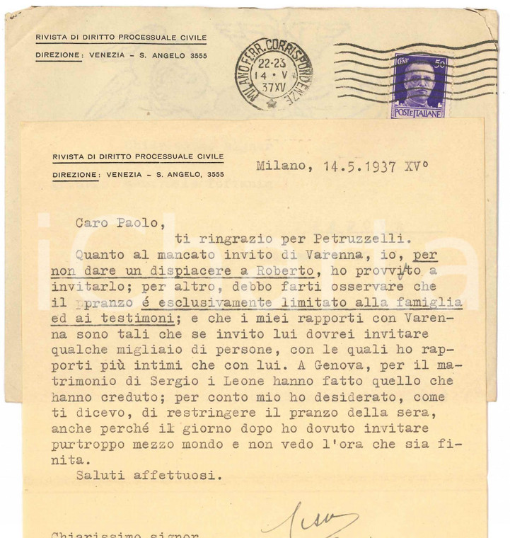 1937 MILANO Lettera Francesco CARNELUTTI a un collega per invito - AUTOGRAFO