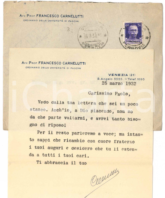 1932 VENEZIA Lettera Francesco CARNELUTTI - Auguri a un collega *AUTOGRAFO