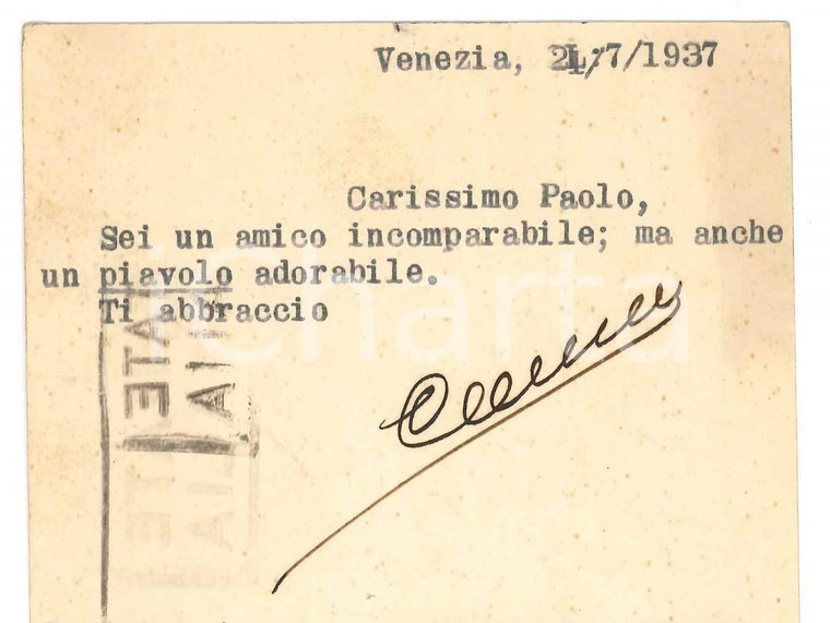 1937 VENEZIA Cartolina Francesco CARNELUTTI a un amico "piavolo" *AUTOGRAFO