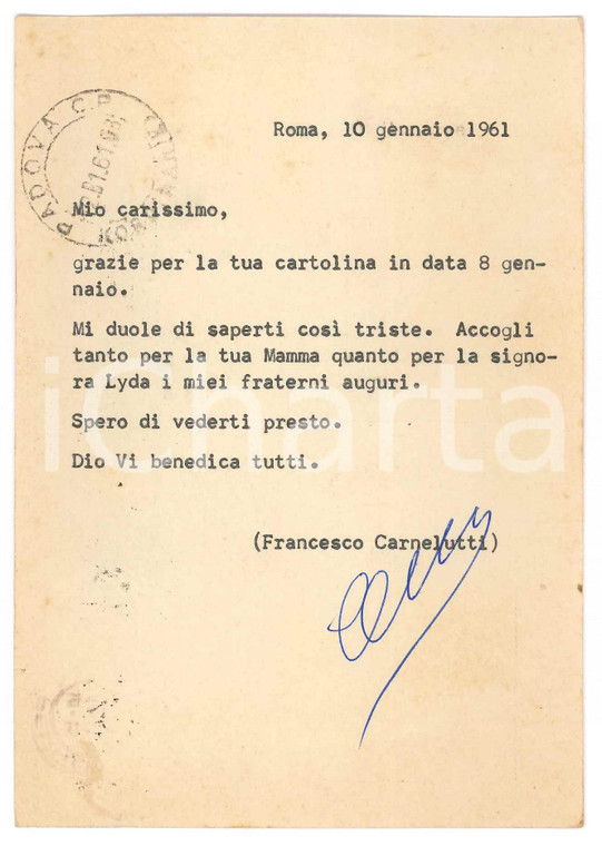 1961 ROMA Cartolina Francesco CARNELUTTI per auguri *AUTOGRAFO