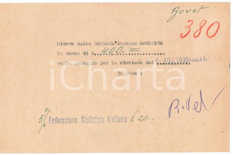 1938 CICLISMO MILANO Ricevuta Alfredo BOVET - Ingaggio corsa *Autografo