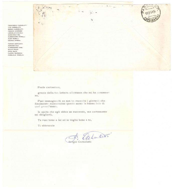 1961 MILANO Lettera Sergio CARNELUTTI a un collega avvocato - Autografo