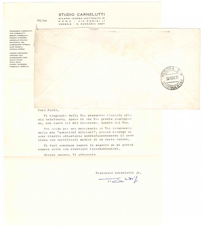1961 MILANO Lettera Tito CARNELUTTI a un collega avvocato *Autografo
