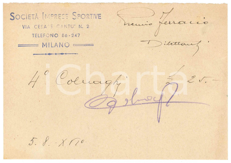 1938 MILANO CICLISMO Ricevuta COLNAGHI Premio Ferrario Dilettanti *AUTOGRAFO