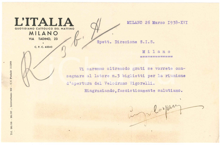 1938 MILANO Quotidiano cattolico L'ITALIA - Lettera per biglietti gara ciclismo
