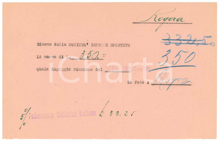 1938 CICLISMO MILANO Ricevuta Bernardo ROGORA - Ingaggio riunione *AUTOGRAFO
