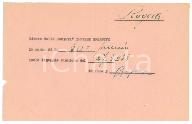1938 CICLISMO MILANO Ricevuta Bernardo ROGORA per ingaggio riunione *AUTOGRAFO