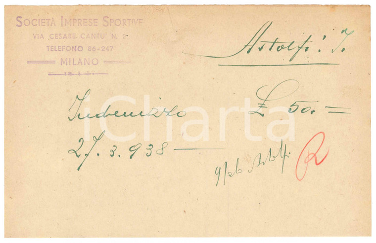 1938 MILANO CICLISMO Ricevuta Italo ASTOLFI per indennizzo - AUTOGRAFO